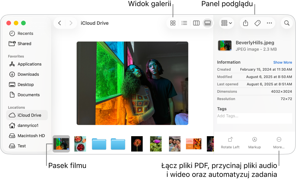 Okno Findera z widokiem galerii, zawierające duże zdjęcie, pod którym widoczny jest szereg mniejszych zdjęć, czyli pasek przeglądania. Po prawej stronie tego paska są narzędzia pozwalające na obracanie, oznaczanie oraz wykonywanie innych czynności.