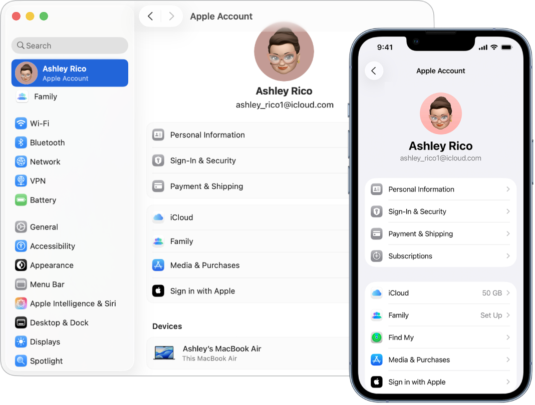 Configurările iCloud pe iPhone și pe Mac.