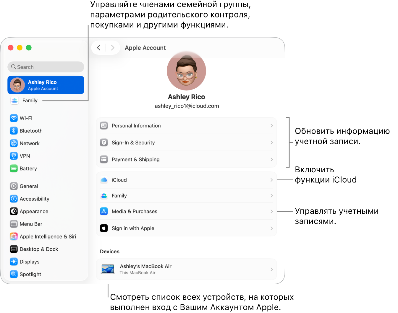 Настройки Аккаунта Apple в Системных настройках. Сносками показаны параметры обновления сведений учетной записи, включения или выключения функций iCloud и управления настройками учетных записей для мультимедиа. В настройках Семейного доступа показаны параметры управления устройствами членов семьи, родительским контролем, покупками и многим другим.