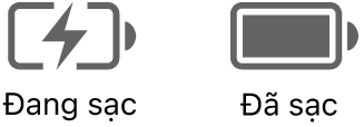 Các biểu tượng trạng thái pin đang sạc và đã sạc.