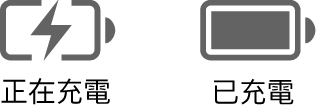 充電中和已充飽的電池狀態圖像。