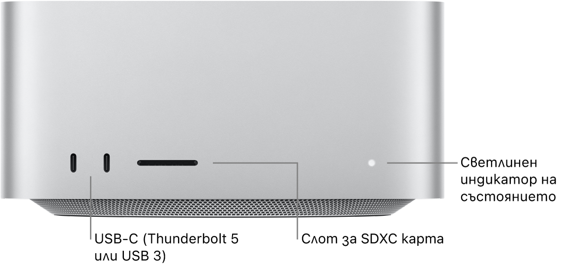 Предната страна на Mac Studioс показани два USB-C порта, слот за SDXC карта и светлинен индикатор за състоянието.