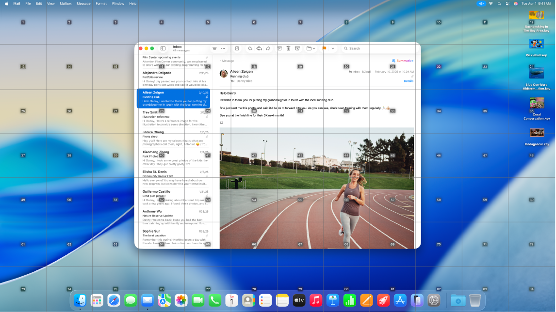 Aplikace Mail otevřená na ploše a překrytá mřížkou.