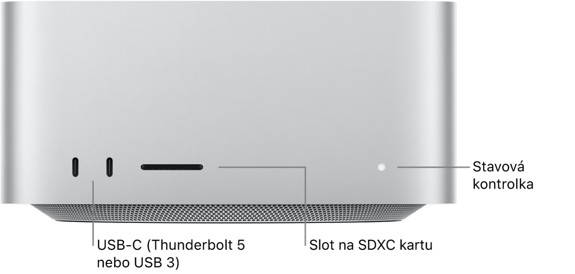 Přední strana Macu Studio se dvěma USB‑C porty, slotem pro SDXC kartu a stavovou kontrolkou