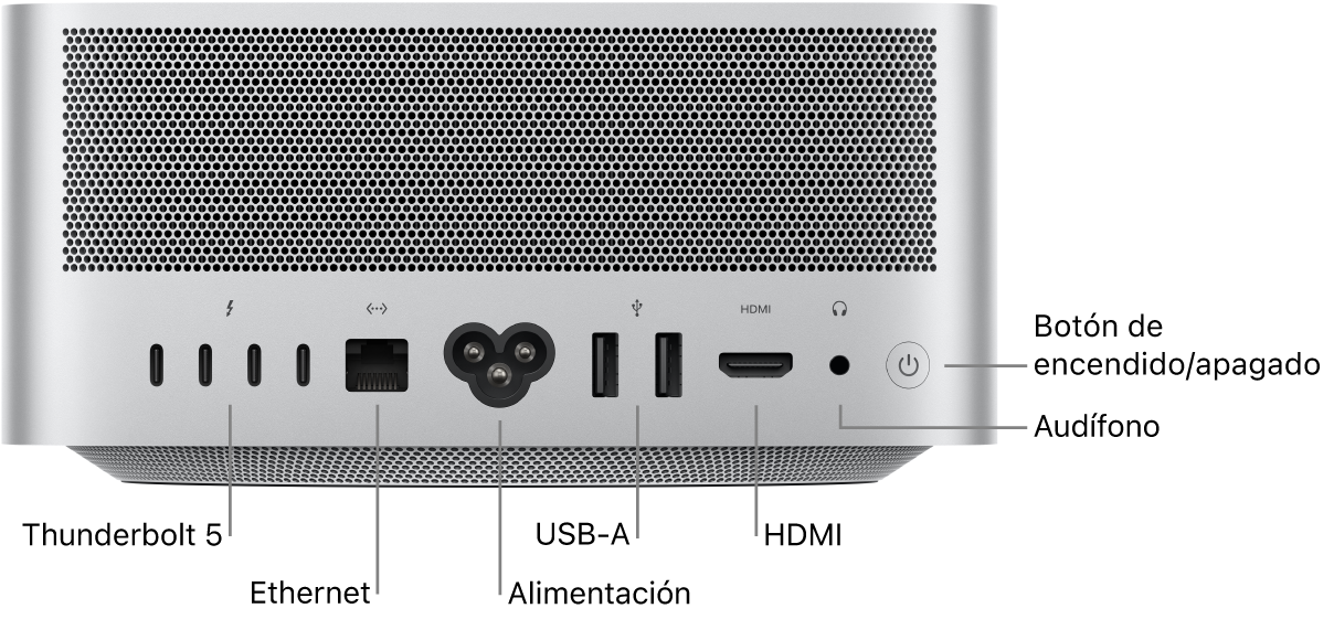 La parte posterior de la Mac Studio mostrando cuatro puertos Thunderbolt 5 (USB-C), el puerto Gigabit Ethernet, el puerto de alimentación, dos puertos USB-A, un puerto HDMI, un conector para audífonos de 3.5 mm, y el botón de encendido.