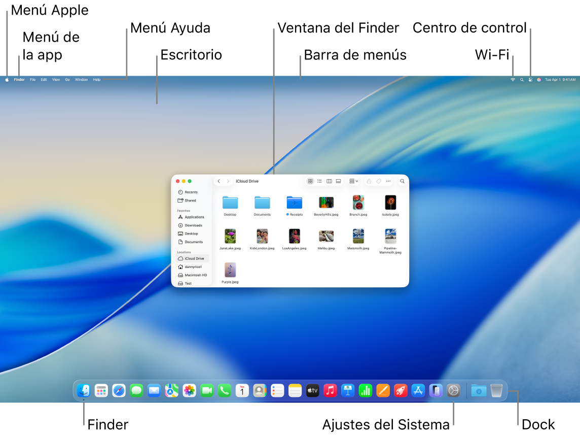 Pantalla del Mac con el menú Apple, el menú de la app, el menú Ayuda, el escritorio, la barra de menús, una ventana del Finder, el icono de Wi-Fi, el icono del centro de control, el icono del Finder, el icono de Ajustes del Sistema y el Dock.