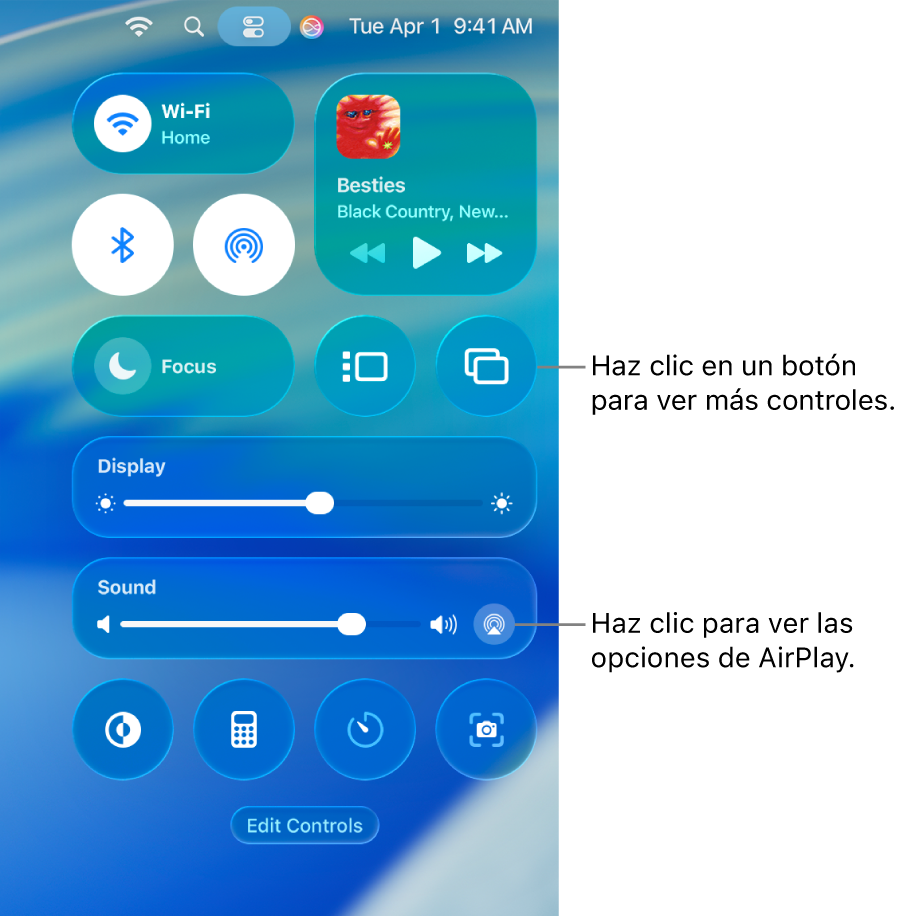 Vista ampliada del centro de control del Mac.