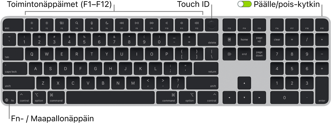 Touch ID:llä ja numeronäppäimistöllä varustettu Magic Keyboard, jossa on rivi toimintonäppäimiä ja Touch ID yläreunassa sekä fn-/maapallonäppäin vasemmassa alakulmassa.