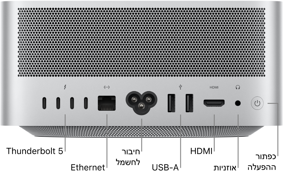 החלק האחורי של Mac Studio מציג ארבע יציאות Thunderbolt 5 (USB-C), את יציאת ה-Gigabit Ethernet, את שקע החשמל, שתי יציאות USB-A, את יציאת ה-HDMI, מחבר אוזניות של 3.5 מ״מ ואת כפתור ההפעלה.