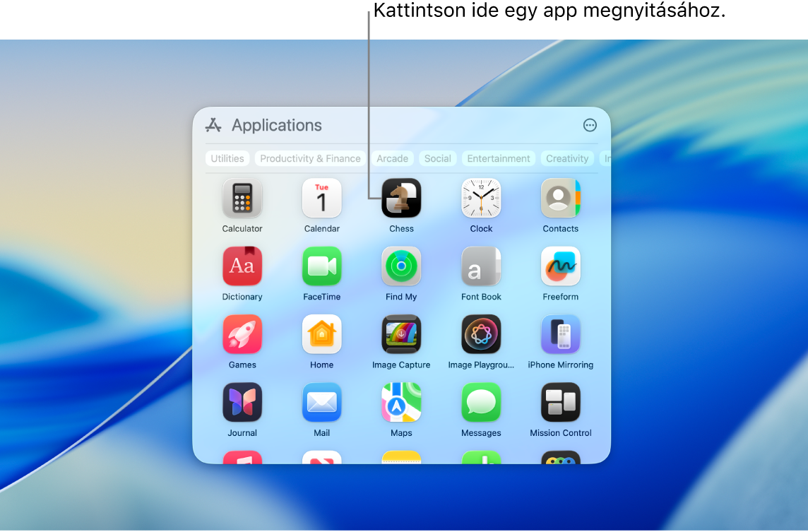 Az Appok ikon a Dock területén és egy megnyitott Appok ablak, amelyben több app látható rácsba rendezve a Mac képernyőjén.