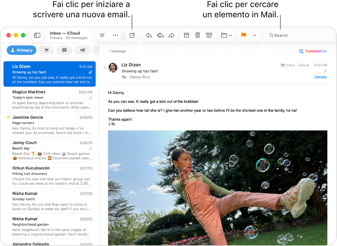 Una finestra di Mail che mostra l’elenco dei messaggi accanto alla barra laterale e il contenuto del messaggio selezionato sulla destra. Una didascalia punta al campo di ricerca.