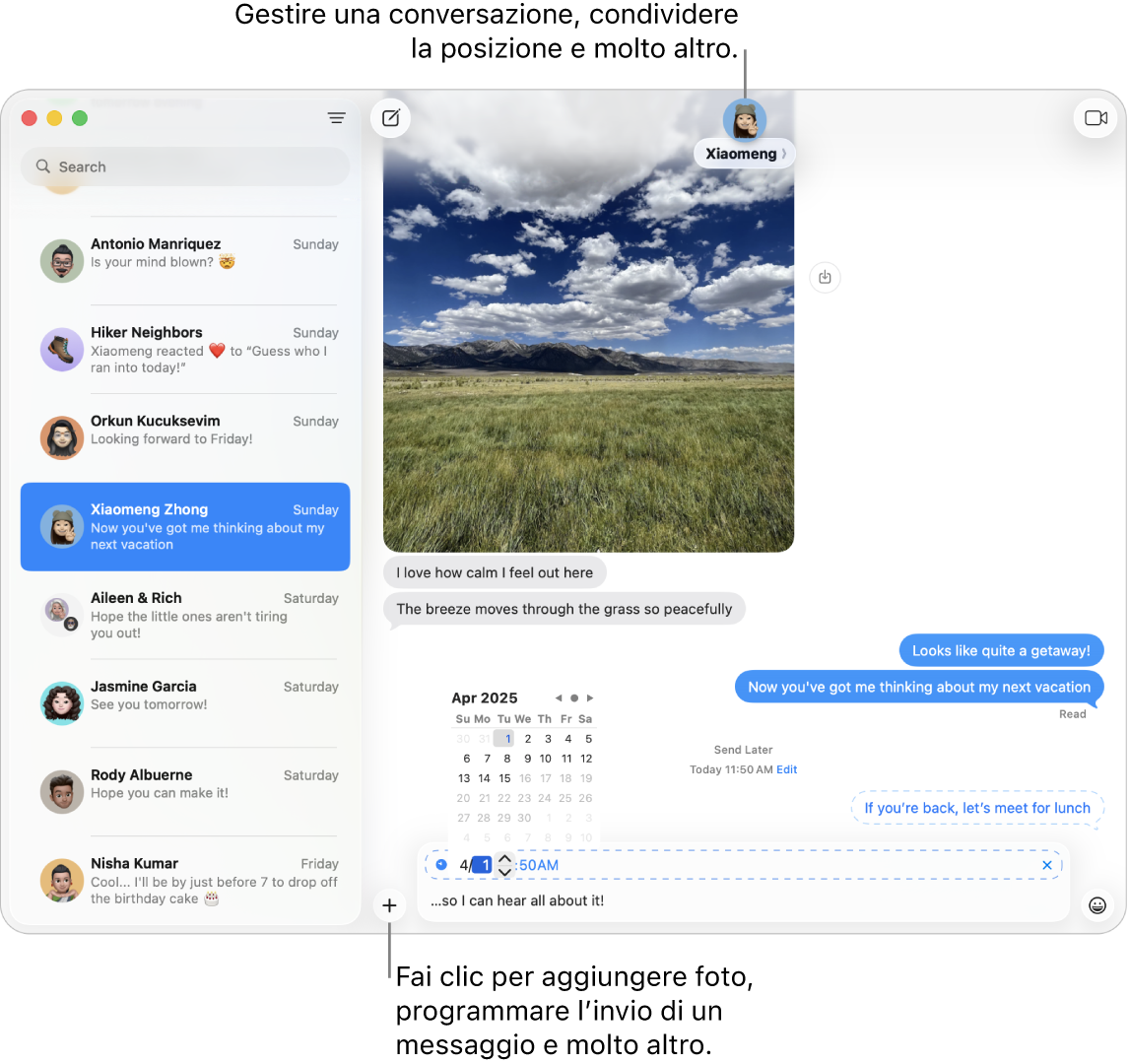 Una finestra di Messaggi mostra una conversazione. Viene programmato l’invio di un messaggio in una data successiva.