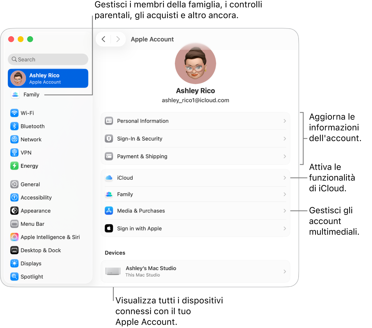 Le impostazioni di Apple Account in Impostazioni di Sistema, con didascalie per aggiornare le informazioni dell’account, attivare o disattivare le funzionalità di iCloud, gestire gli account multimediali e Famiglia, dove puoi gestire i membri del gruppo familiare, i controlli parentali, gli acquisti e altro ancora.
