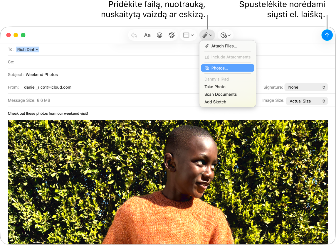 „Mail“ langas, kuriame rodoma, kaip kuriamas naujo laiško juodraštis. Iškylančiame meniu rodomos parinktys norint pridėti nuotrauką, nufotografuoti, nuskaityti dokumentą arba įtraukti eskizą iš netoliese esančio įrenginio.