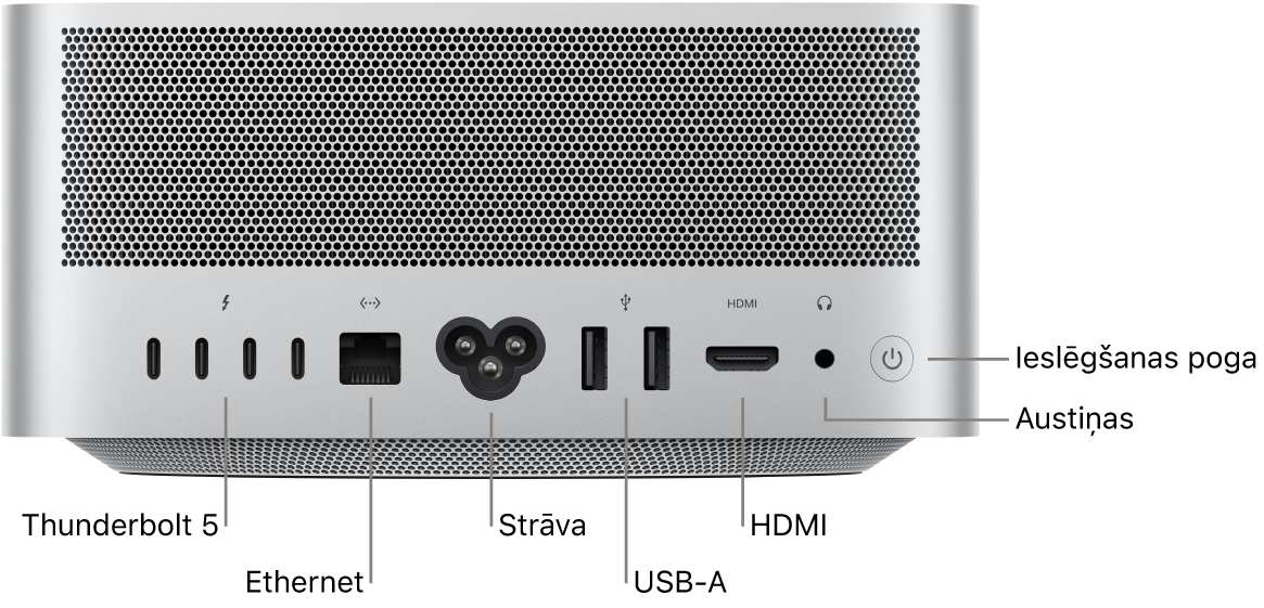 Mac Studio datora aizmugure, kur redzami Thunderbolt 5 (USB-C) porti, Gigabit Ethernet ports, barošanas ports, divi USB-A porti, HDMI ports, 3,5 mm austiņu ligzda un ieslēgšanas poga.
