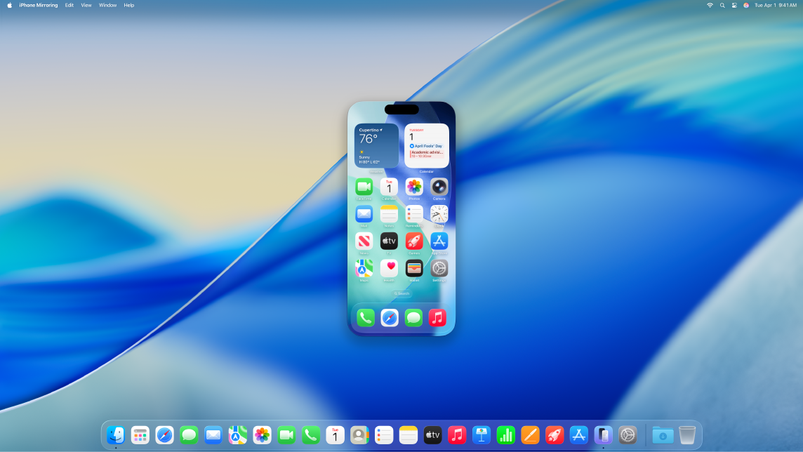 Et Mac-skrivebord med iPhone-speiling.