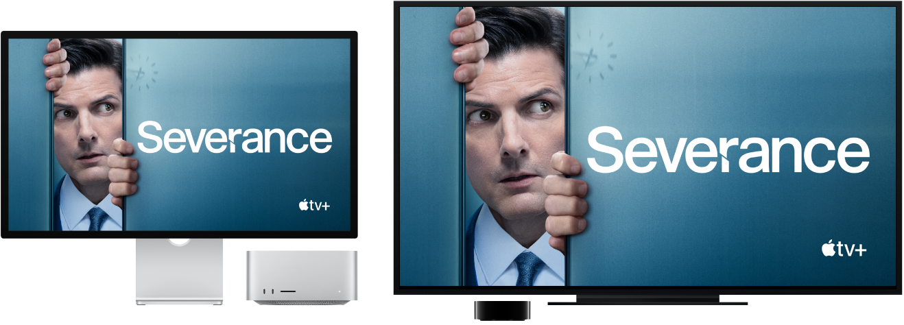 Mac Studio com seu conteúdo espelhado em uma HDTV grande usando uma Apple TV.