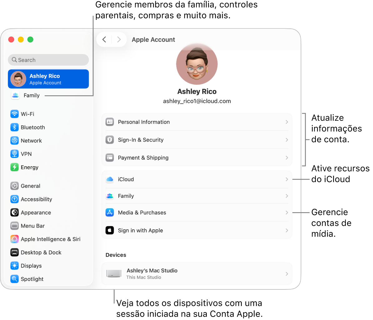 Ajustes da Conta Apple nos Ajustes do Sistema com chamadas para atualizar informações da conta, ativar ou desativar recursos do iCloud, gerenciar contas de mídia, e Família, onde você pode gerenciar membros da família, controles parentais, compras e outros.