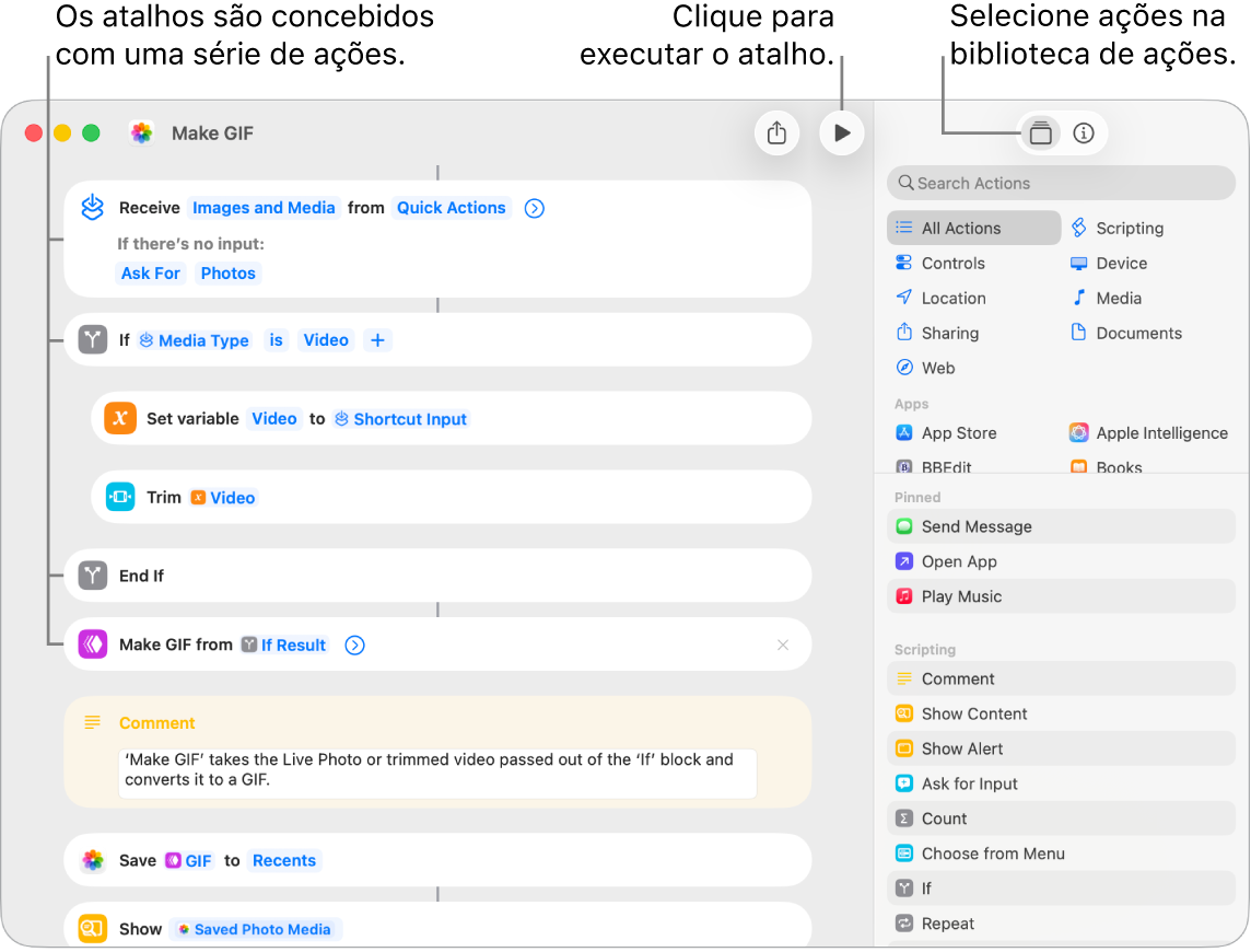 O editor de atalhos, à esquerda, mostra as ações no atalho “Criar GIF”.