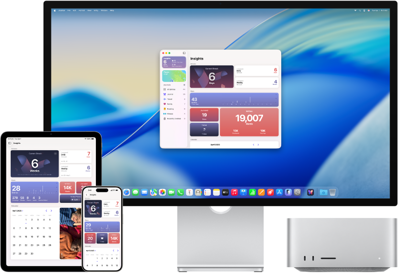 Mac&nbsp;Studio alături de diferite dispozitive, accesând același conținut iCloud.