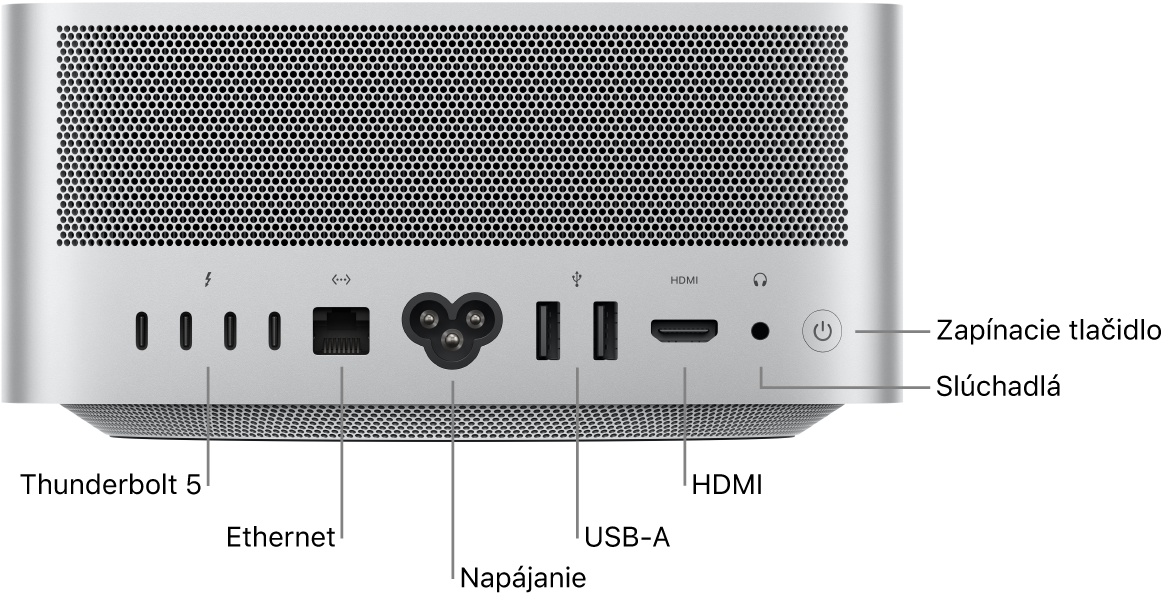 Zadná strana Macu Studio zobrazujúca štyri Thunderbolt 5 (USB-C) porty, Gigabit Ethernet port, napájací port, dva USB-A porty, HDMI port, 3,5 mm konektor slúchadiel a zapínacie tlačidlo.