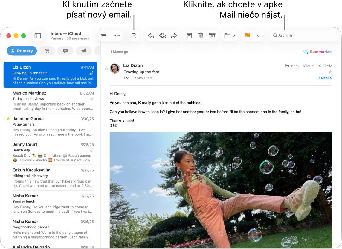 Okno apky Mail zobrazujúce zoznam správ vedľa postranného panela a obsah označenej správy na pravej strane. Bublina ukazuje na vyhľadávacie pole.