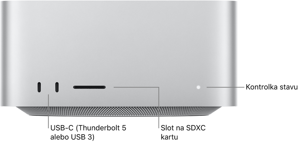 Predná časť Mac Studia zobrazujúca dva porty USB-C, slot pre karty SDXC a svetelný indikátor stavu.
