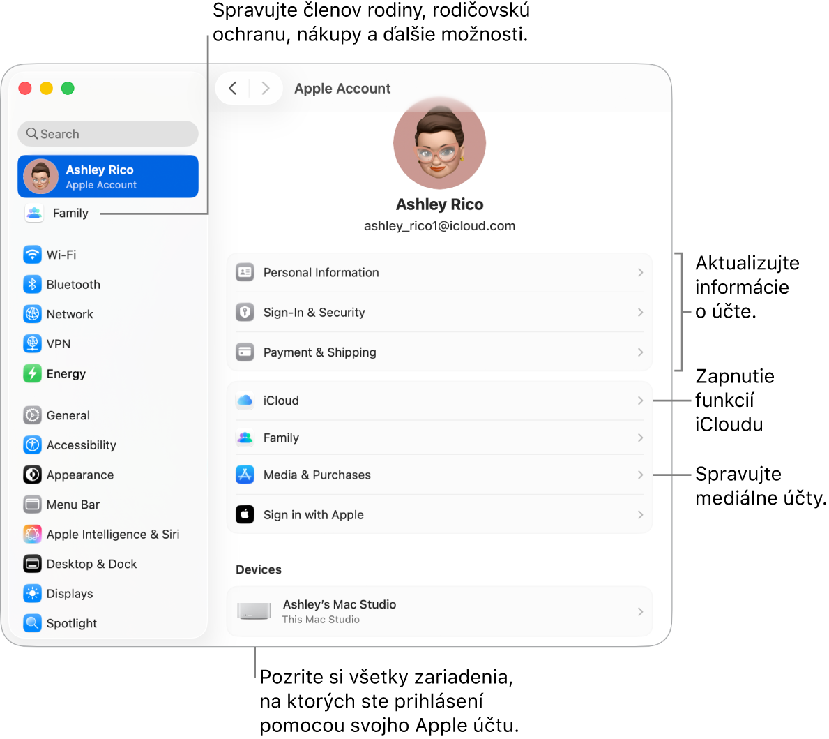 Nastavenia Apple účet v Systémových nastaveniach s popismi na aktualizáciu informácií o účte, zapnutie alebo vypnutie funkcií iCloudu, správu mediálnych účtov a položku Rodina, kde môžete spravovať členov rodiny, rodičovskú ochranu, nákupy a ďalšie možnosti..