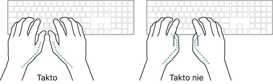 Ruky položené na klávesnici znázorňujúce správnu a nesprávnu polohu palcov.