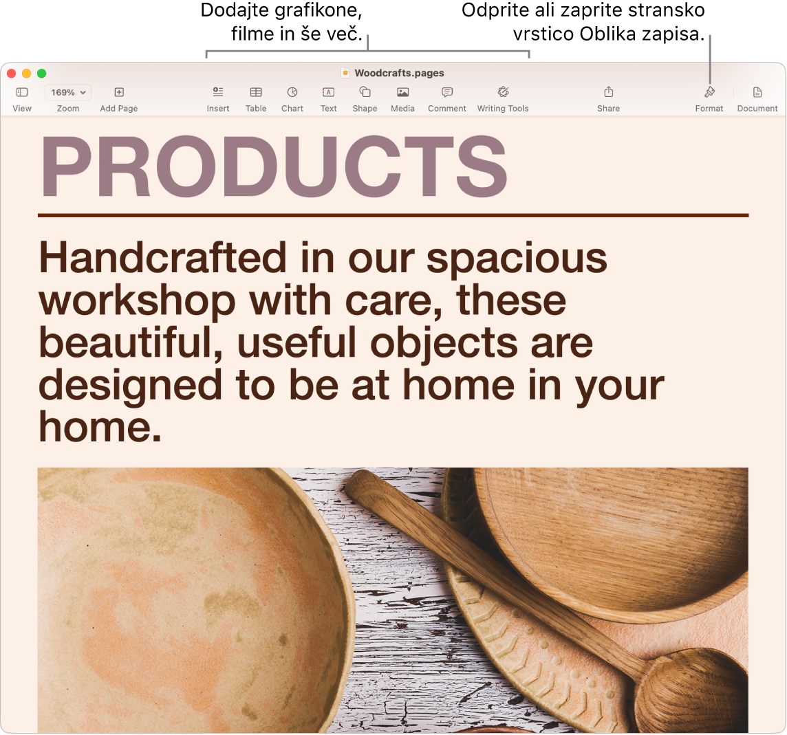 Okno Pages kaže dokument, ki je ustvarjen iz predloge. V orodni vrstici so oblački za dodajanje grafikonov, filmov in več ter oblački za odpiranje ali zapiranje stranske vrstice Oblikuj.