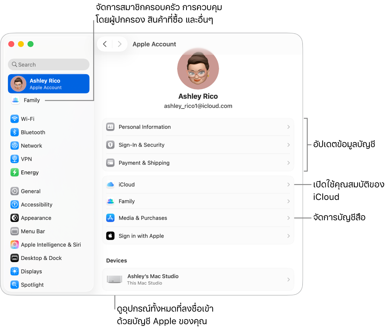 การตั้งค่าบัญชี Apple ในการตั้งค่าระบบที่มีตัวชี้บรรยายไปยังการอัปเดตข้อมูลบัญชี, เปิดใช้หรือปิดใช้คุณสมบัติ iCloud, จัดการบัญชีสื่อ และครอบครัว ซึ่งคุณสามารถจัดการสมาชิกครอบครัว การควบคุมโดยผู้ปกครอง การซื้อสินค้า และอื่นๆ ได้