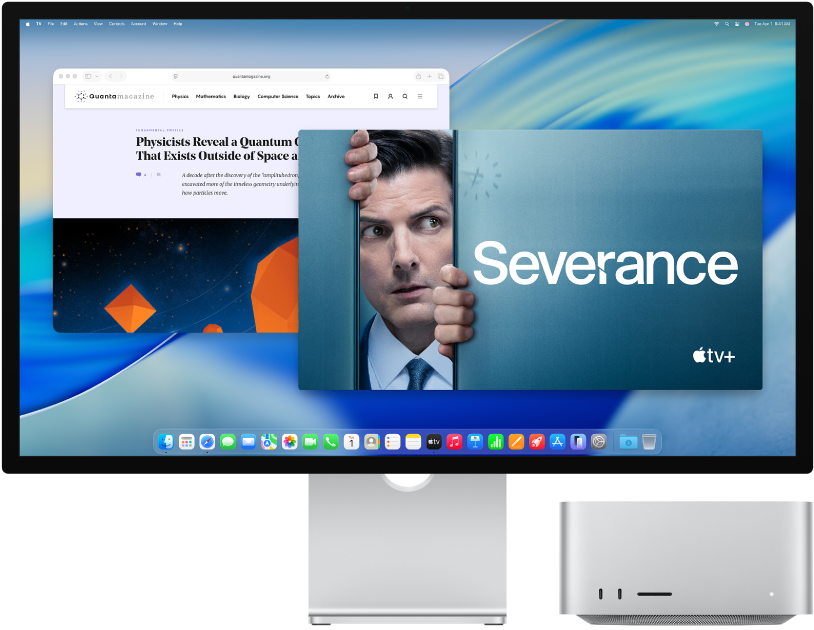 Bir ekranın yanında Mac Studio.