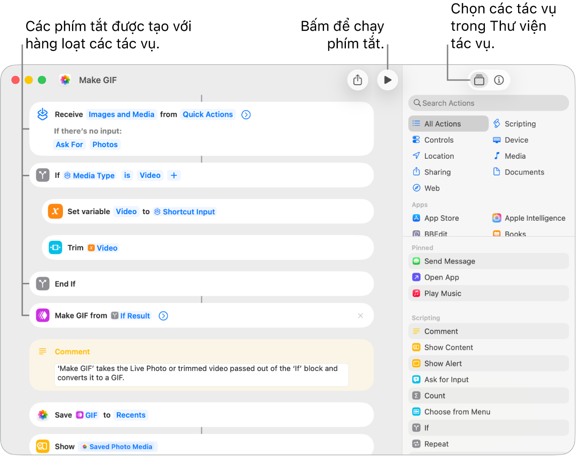 Trình sửa phím tắt ở bên trái, đang hiển thị các tác vụ trong phím tắt Tạo tệp GIF.