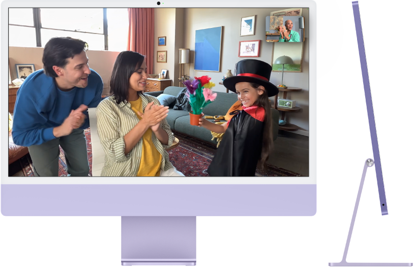 Vistes frontal i lateral d’un iMac de 24 polzades.