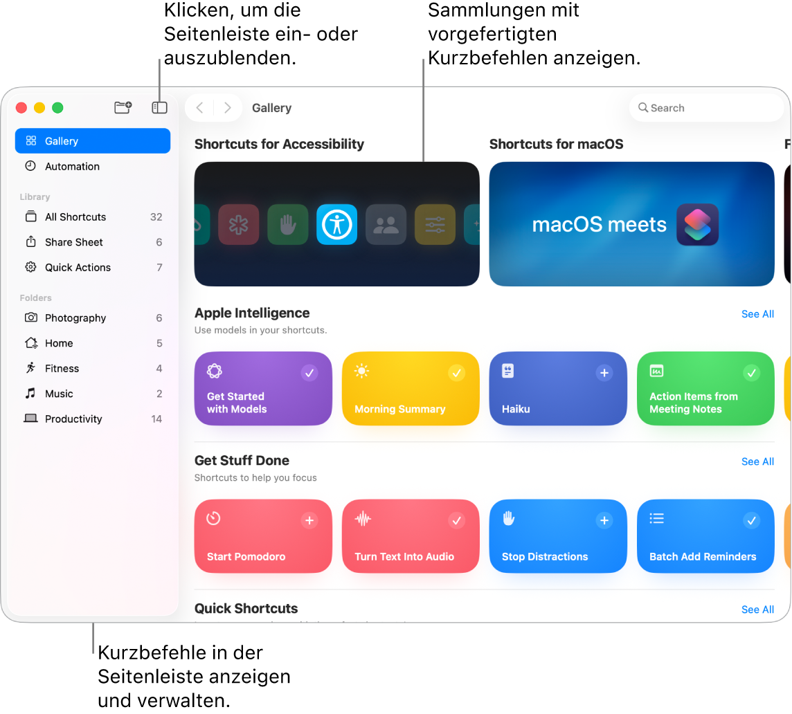 Das Fenster „Kurzbefehle“ mit der geöffneten Seitenleiste auf der linken Seite und der Galerie auf der rechten Seite mit Sammlungen von vordefinierten Kurzbefehlen.