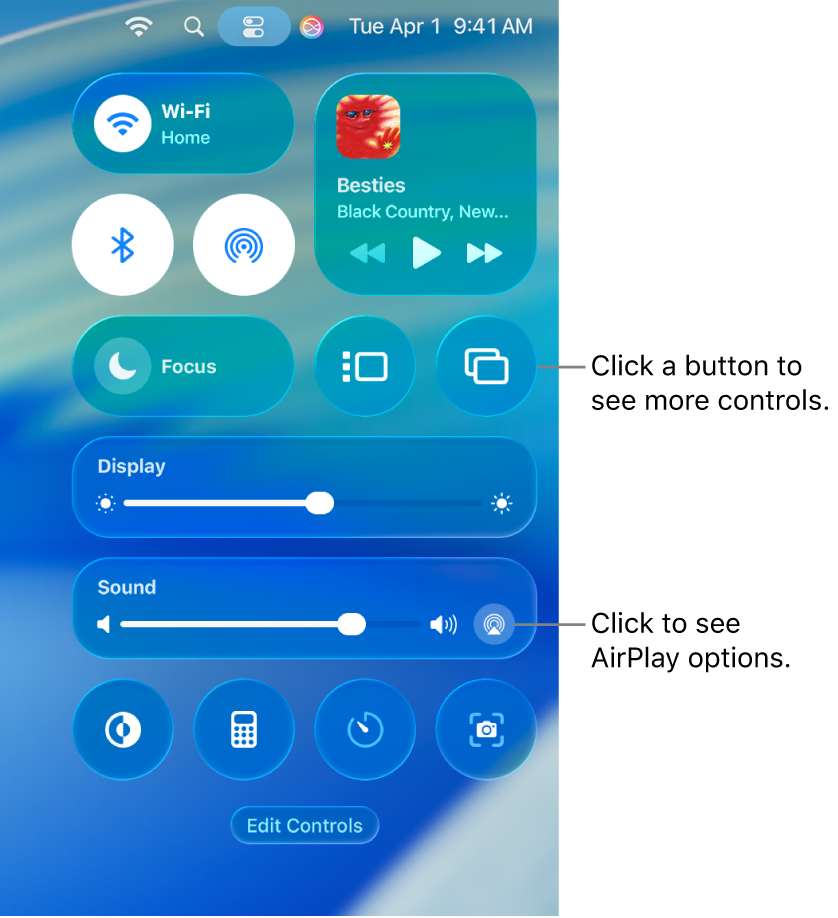 Zoomed-in view of Control Center on your Mac.