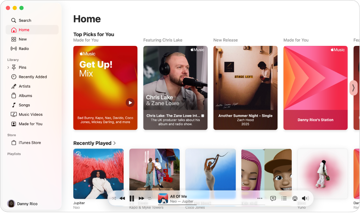 A Music window showing the Home screen. The sidebar with Home, New, and Radio is on the left. On the right, the Home screen shows Top Picks for You and Recently Played.
