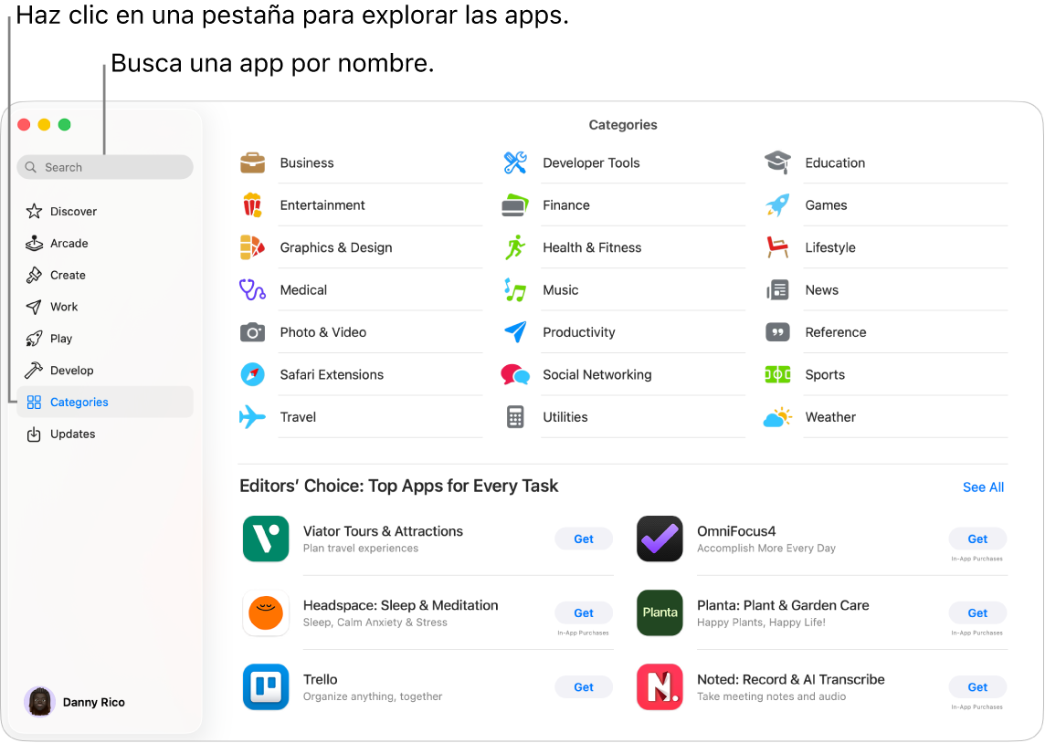 Ventana de App Store que muestra un campo de búsqueda y las categorías de apps.