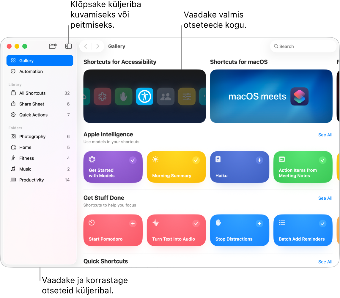 Rakenduse Shortcuts aken avatud küljeribaga vasakul ning jaotisega Gallery paremal, kus on valmis otseteede kollektsioonid.