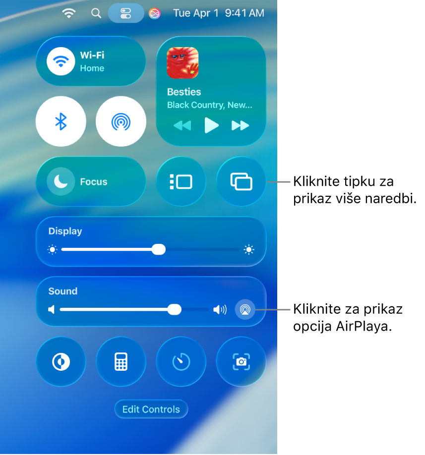 Zumirani prikaz Kontrolnog centra na Macu.