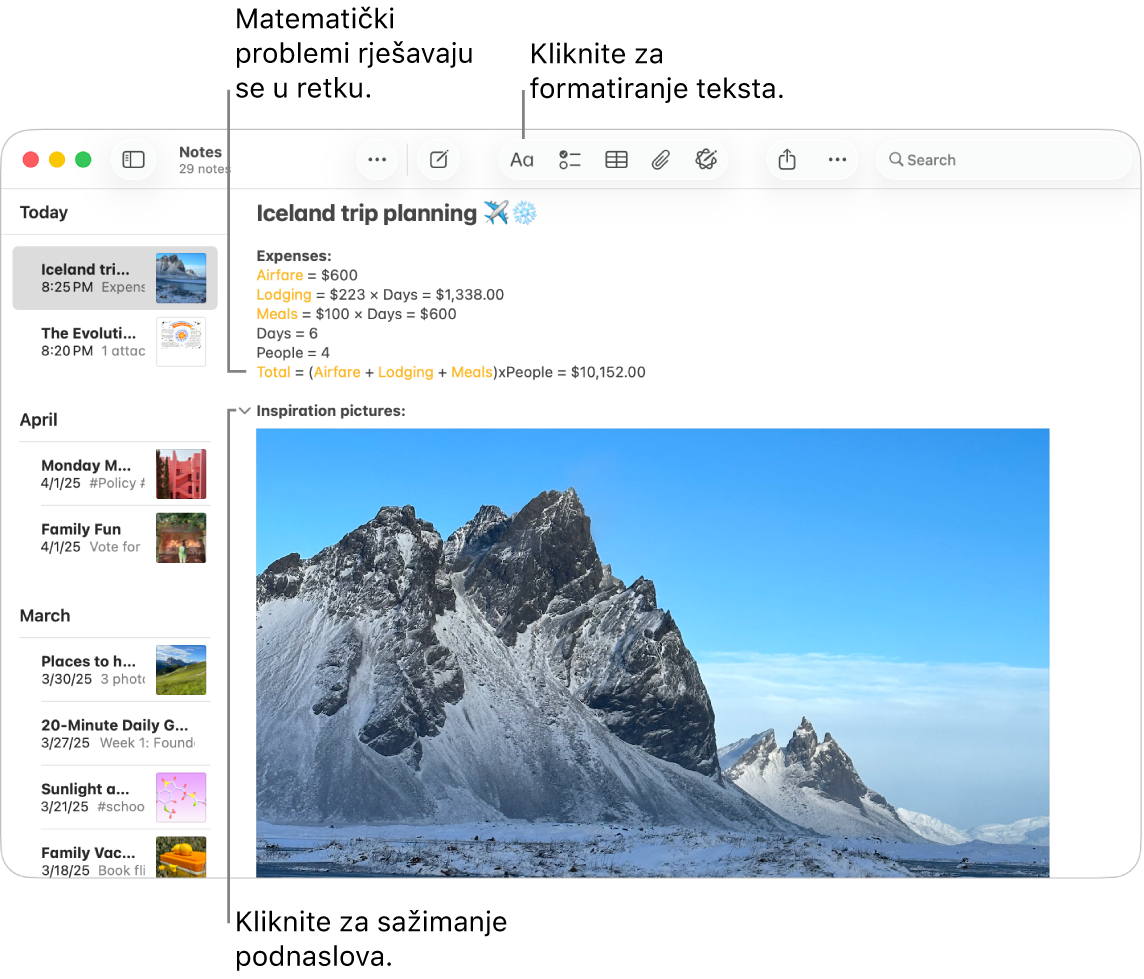 Prozor aplikacije Bilješke s prikazom izračuna za putovanje i slika odredišta.