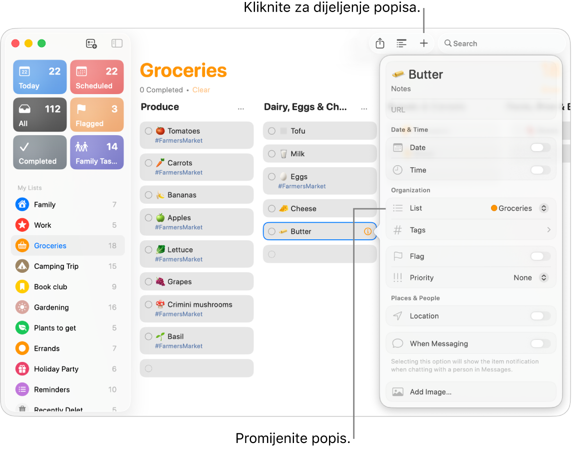 U prozoru aplikacije Podsjetnici prikazuju se detalji podsjetnika na dijeljenom popisu namirnica.
