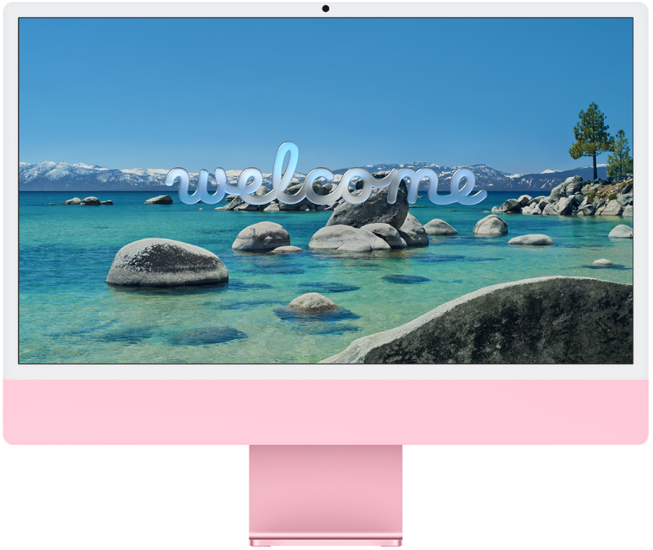 „iMac“, kurio ekrane matomas žodis „Welcome“ (sveiki).