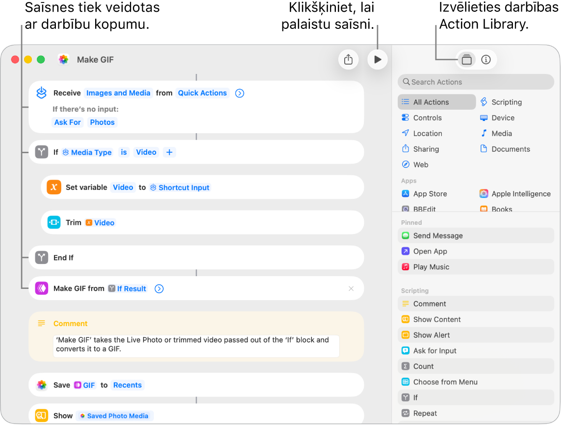Vienums Shortcut editor pa kreisi, kurā redzamas darbības, ko veikt ar Make GIF saīsni.