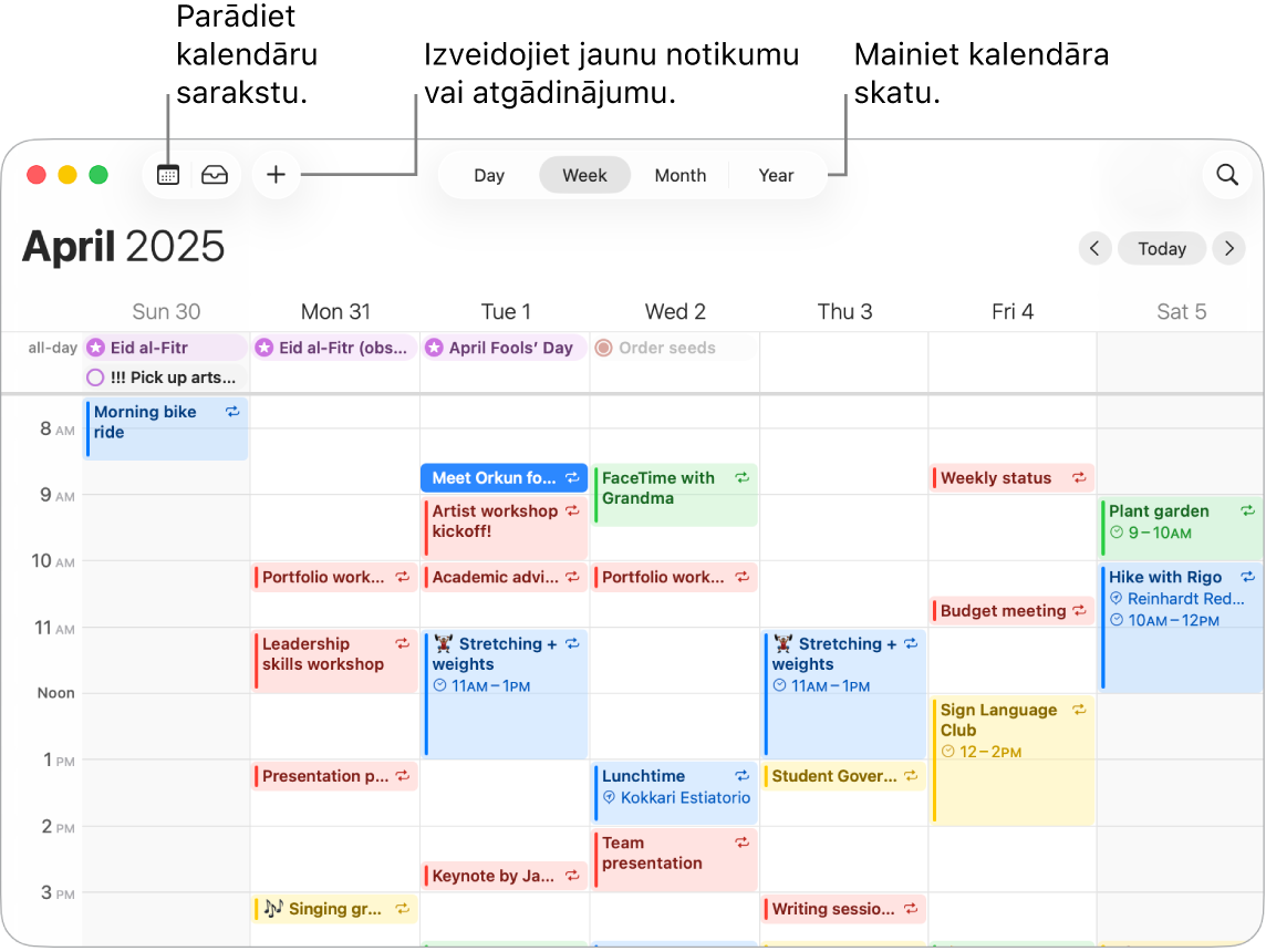 Lietotnes Calendar logs, kurā redzami visi uz nedēļu plānotie ieraksti un atgādinājumi. Bultiņas norāda uz pogām, kas parāda kalendāra sarakstu, izveido ierakstu vai atgādinājumu un maina skatu uz dienu, nedēļu, mēnesi vai gadu.