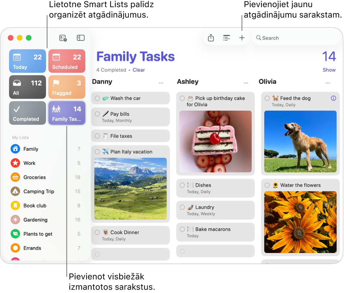 Lietotnes Reminders loga kreisajā malā redzami viedie saraksti un citi atgādinājumi un saraksti.