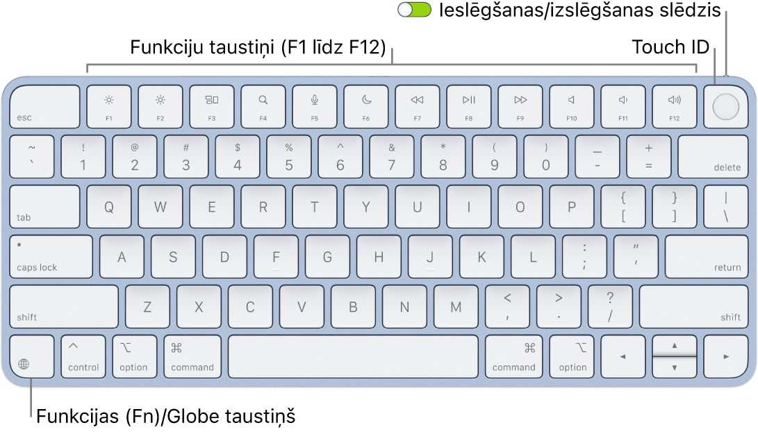 Tastatūrā Magic Keyboard ar Touch ID redzama funkciju taustiņu rinda un Touch ID augšējā malā un taustiņš Function (Fn)/Globe apakšējā kreisajā stūrī.
