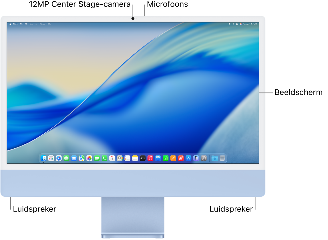 Vooraanzicht van een iMac met het beeldscherm, de camera, de microfoons en de luidsprekers.