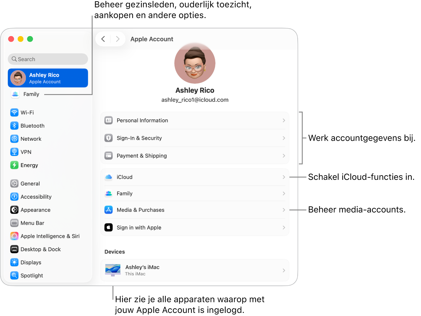 De instellingen voor 'Apple Account' in Systeeminstellingen, met bijschriften voor de opties waarmee je je accountgegevens bijwerkt, iCloud-functies in- of uitschakelt en media-accounts beheert. En de instellingen voor 'Gezin', waar je gezinsleden, ouderlijk toezicht, aankopen en andere opties beheert.