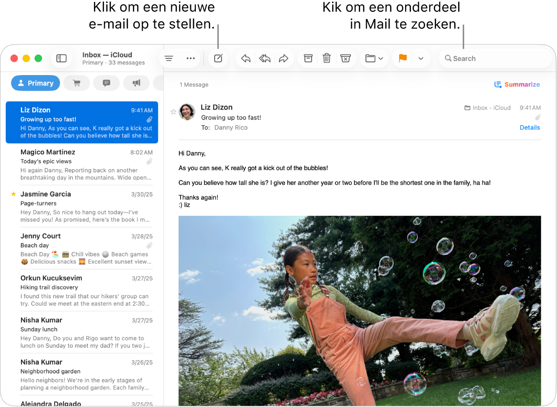 Een Mail-venster met de berichtenlijst naast de navigatiekolom en aan de rechterkant de inhoud van het geselecteerde bericht. Er is een bijschrift voor het zoekveld.
